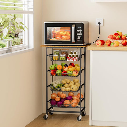 ThreeHio Kitchen Microwave Cart with Fruit Baskets, 5 Tier Microwave Table Stand with Fruit Vegetable Storage Small Rolling Cart on Wheels, Floor Organizers and Storage for Pantry Kitchen, Living Room