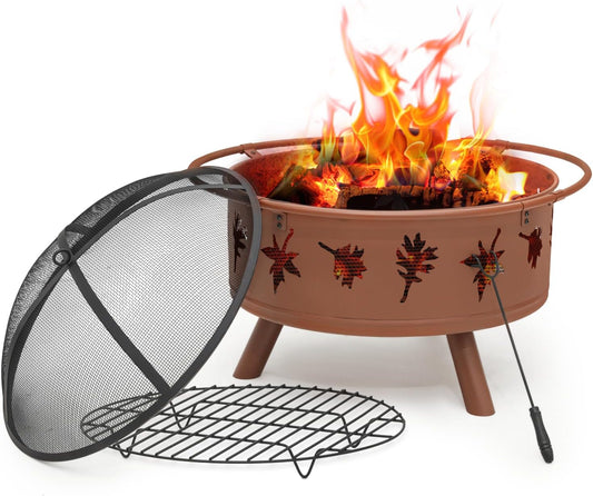 Magshion 32 Inch Fire Pit, Round Wood Burning Outdoor Firepit with Mesh Cover, Fire Poker, Grate, Maple Leaf Cutout Design, for Backyard Bonfire Picnic Party