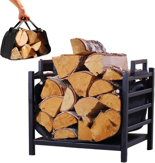Firewood Rack with Canvas Carrier Bag & Handles, Portable Removable Small Log Carrying Bag, 18 Inch Steel Firewood Holder Fireplace Storage Brackets
