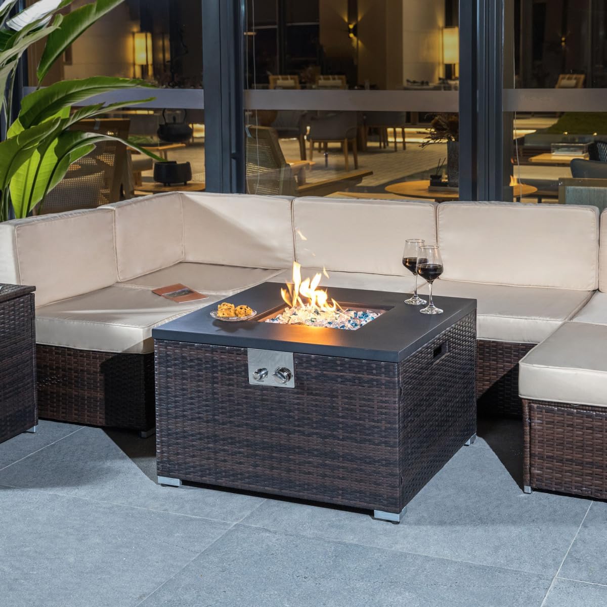 32-inch Square Dark Brown Wicker Propane Fire Pit Table, 40,000 BTU Outdoor Gas Fire Table with Glass Rocks for Patio, Garden, Porch
