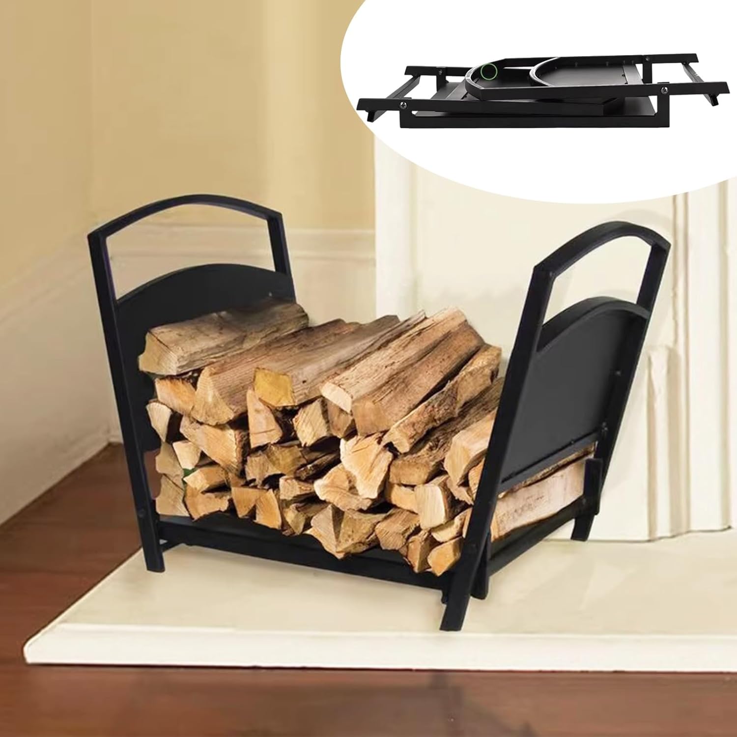 Log Holder Foldable Fireplace Firewood Rack, Metal Firewood Holder Log Carrier with Convenient Handle, Firewood Storage Stand for Indoor/Outdoor/Firepit
