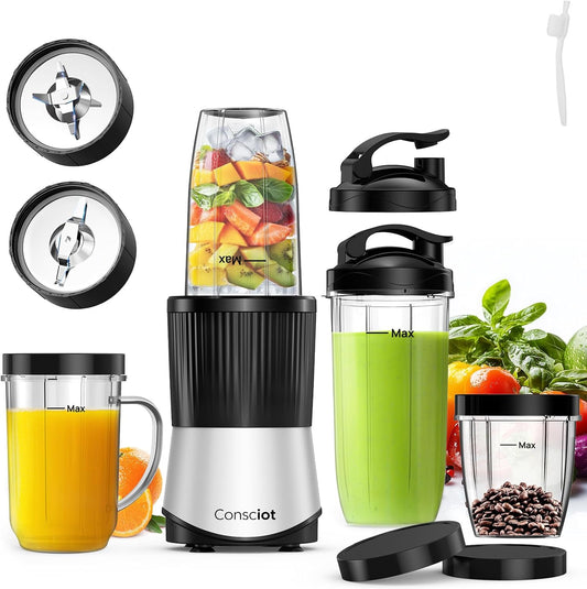 Consciot CB08 16-Piece Blender & Grinder Combo for Kitchen and Personal Size, Blend Shakes and Smoothies, Frozen Drinks, Baby Food, Spreads & More, 4 BPA-Free Portable To-Go Cups, 900 Peak Watts