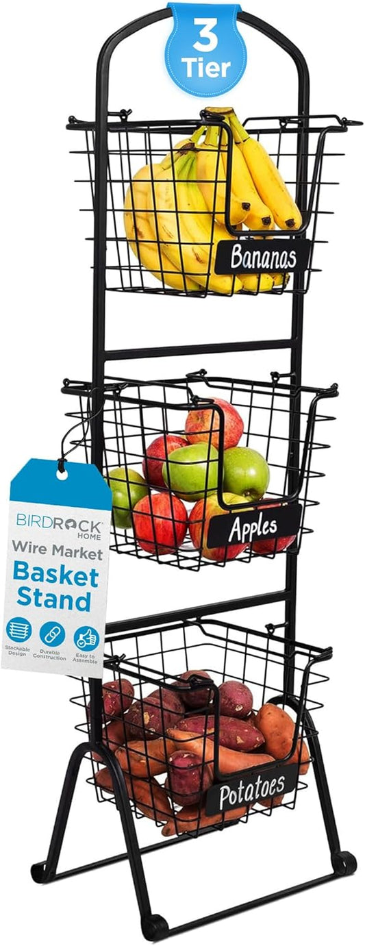 BIRDROCK HOME 3-Tier Wire Market Basket Stand w\/Chalk Label | Metal Storage Bin, Kitchen Counter, Pantry Cabinet, Stacking Organizer Shelves | Fruit, Vegetables, Bread, Onions, Potatoes - Black
