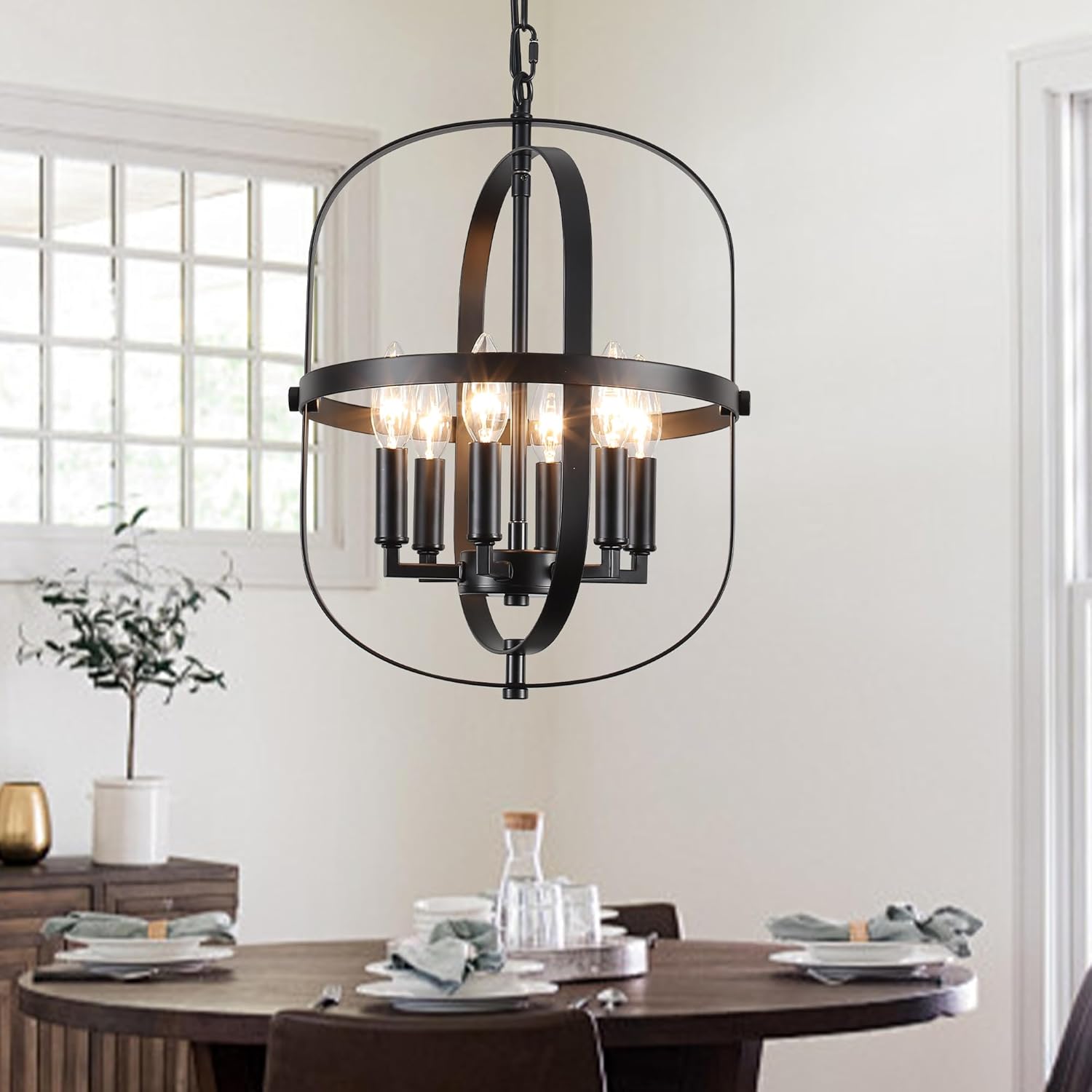Black Chandelier 6-Light,Ellipse Farmhouse Chandeliers for Dining Room Light Fixture,E12 Pendant Lights Kitchen Island,Adjustable Height Light Fixtures for Entryway,Foyer