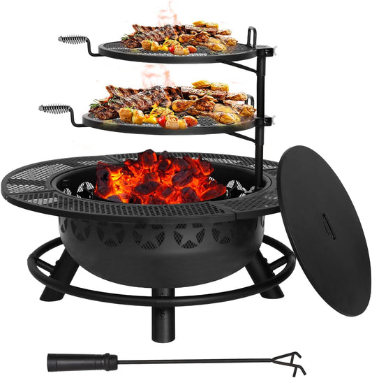 Hykolity 35 Inch Fire Pit with 2 Cooking Grate & Charcoal Pan, Outdoor Wood Burning BBQ Grill Firepit Bowl with Cover Lid, Steel Round Table for Backyard Bonfire Patio Picnic