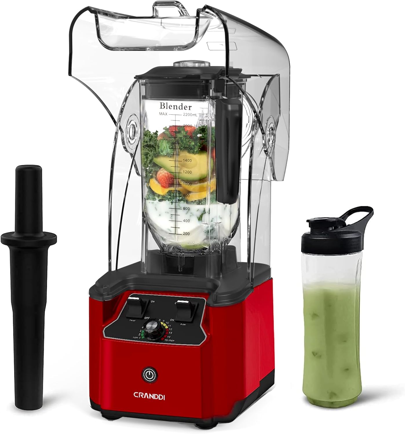 CRANDDI Commercial Quiet Blender, 2200 Watt Professional Countertop Blender with BPA-FREE 80oz Pitcher, Built-in Pulse & 15-speeds Control, Smoothie Blender for Commercial and Home, K90 Red