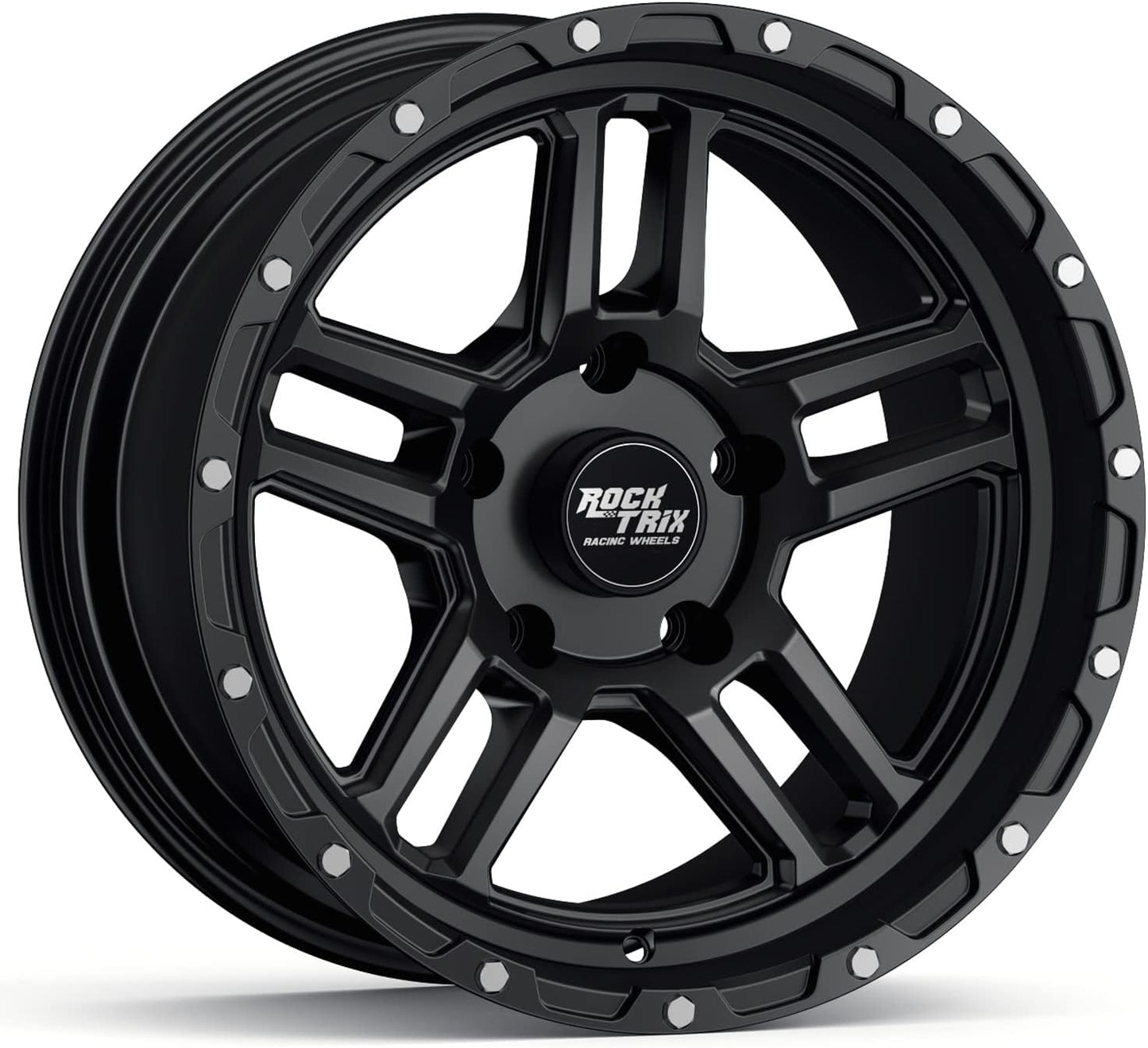 RockTrix RT109 17 inch Wheel Compatible with Jeep Wrangler JK JL 17x9 5x5 Wheels (-12mm Offset, 4.5in Backspace) 5x5 PCD, 71.5mm Bore, Black Wheels, Also fits Gladiator JT Rims