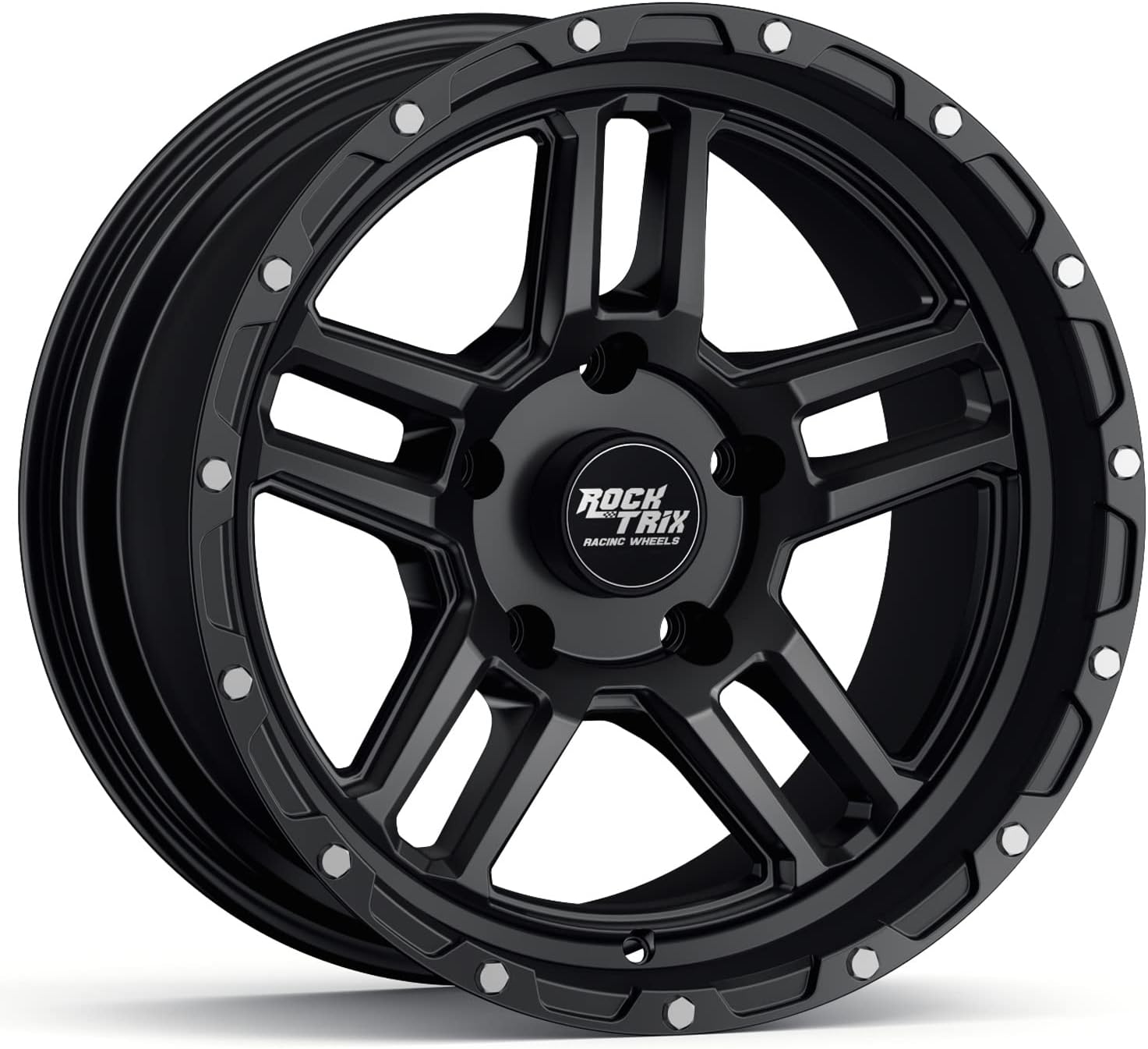 RockTrix RT109 17 inch Wheel Compatible with Jeep Wrangler JK JL 17x9 5x5 Wheels (-12mm Offset, 4.5in Backspace) 5x5 PCD, 71.5mm Bore, Black Wheels, Also fits Gladiator JT Rims