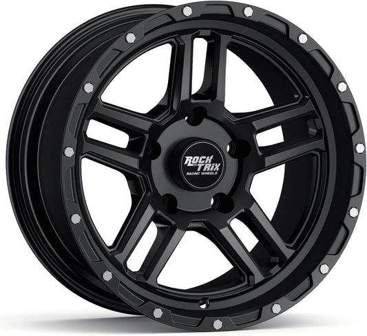 RockTrix RT109 17 inch Wheel Compatible with Jeep Wrangler JK JL 17x9 5x5 Wheels (-12mm Offset, 4.5in Backspace) 5x5 PCD, 71.5mm Bore, Black Wheels, Also fits Gladiator JT Rims
