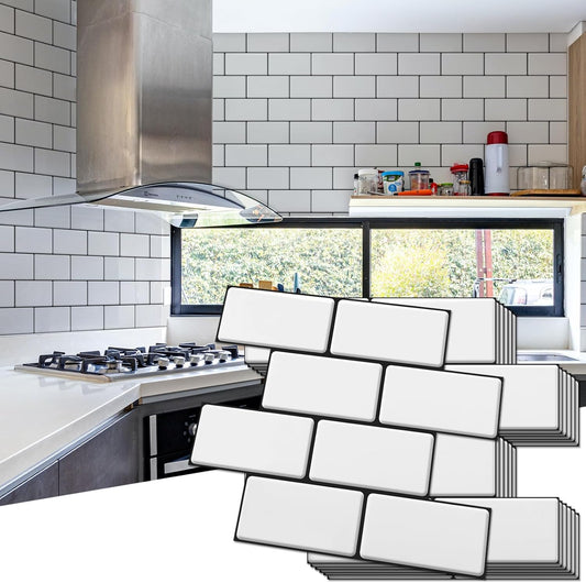 Art3d Peel and Stick Backsplash, 10-Pack Thickened Stick on Subway Tiles, Faux Ceramic Tiles for Kitchen, Bathroom, White with Black Grout