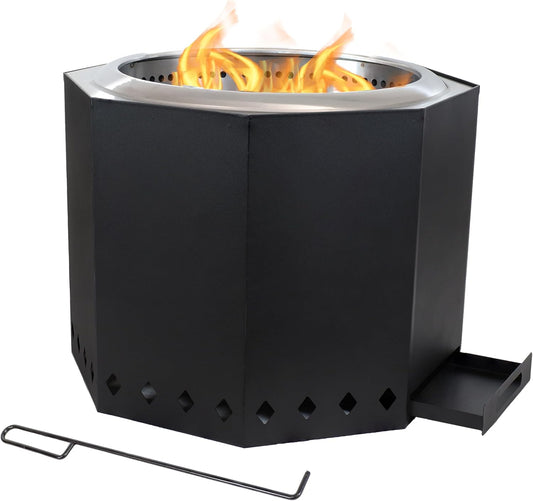 Sunnydaze Wood-Burning Smokeless Fire Pit with Log Poker - Stainless Steel Smokeless Fire Pit for The Backyard - Black - 21.5-Inch