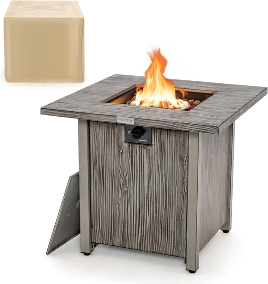 COSTWAY 28" Propane Fire Pit Table, 40,000 BTU Outdoor Propane Gas Fire Table with Wood-Like Tabletop, Lid and Lava Rocks, Square Propane Firepit for Poolside, Garden, Balcony