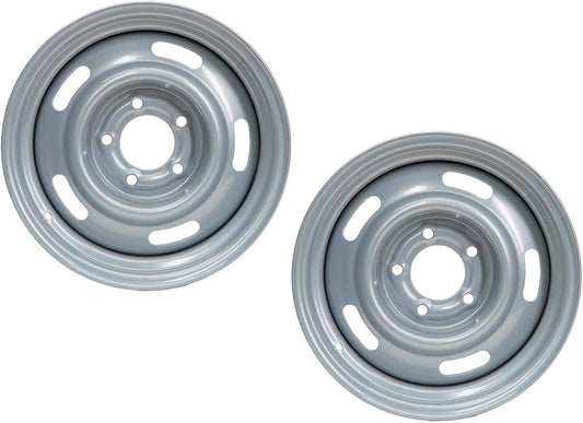 Speedway Motors 15x8 Inch GM Rally Truck Wheel Set, 5 on 5 Inch Bolt Pattern, Silver Painted Steel Construction for RWD Vehicles, Classic OEM Style Replacement, Sold as a Pair