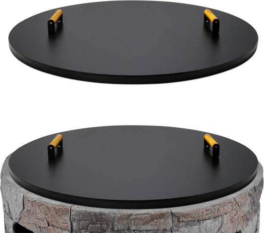 28” firepit lid round for inside up to 26” gas fire pit lid for Outdoor Fireplace Cover Lid Steel fire pit metal cover W/ 2 Wooden Handles & Powder Coated Snuffer Lid for Round Patio Fire Pit Ring