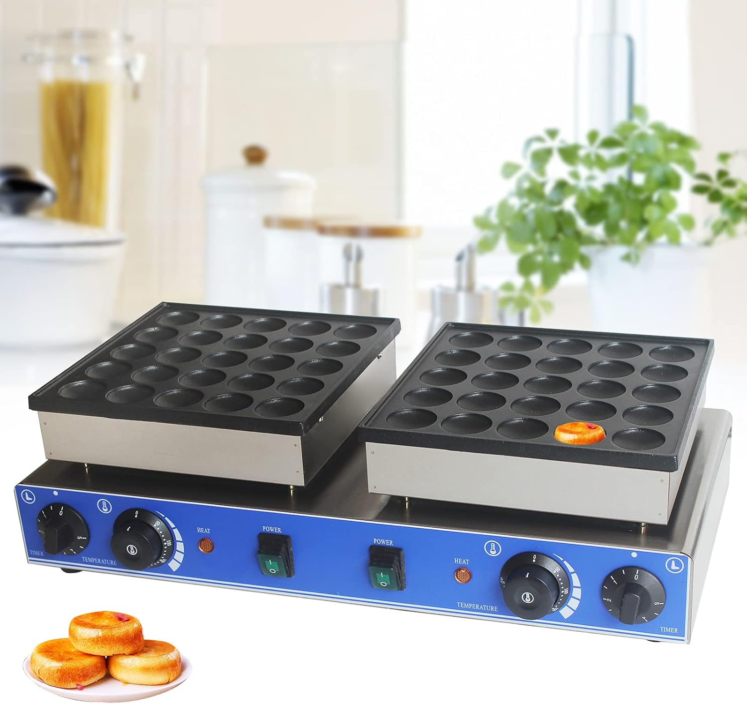 110V Mini Pancake Maker,50 PCS Commercial Electric Nonstick Waffle Maker Machine,1.8Inches Mini Dutch Pancake Baker w/ 2 tats and 2 Timers Separate Control for Home Kitchen Restaurants