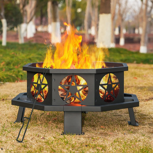 Verdeluxe 32 Inch Small Octagonal Fire Pit,Outdoor Wood Burning Fire Pits for Patio, Picnic,Bonfire,Heavy Duty Firepits for Outside Backyard Garden,Camping