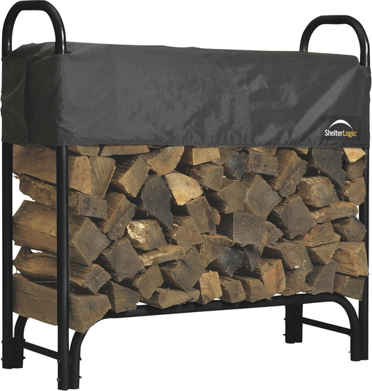 ShelterLogic 4' Adjustable Heavy Duty Outdoor Firewood Rack with Steel Frame Construction and Water-Resistant Cover