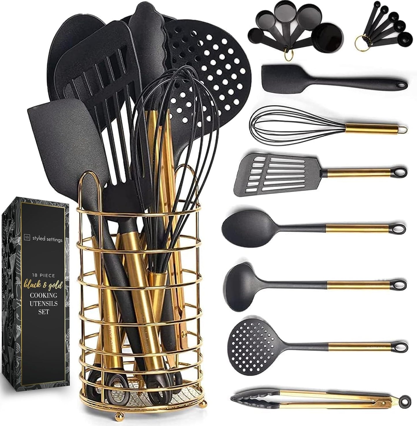Black and Gold Kitchen Utensils Set with Stainless Steel Holder \u2013 18-Piece Nylon Cooking Utensils with Measuring Cups and Spoons \u2013 Stylish Gold Kitchen Accessories for Baking and Cooking