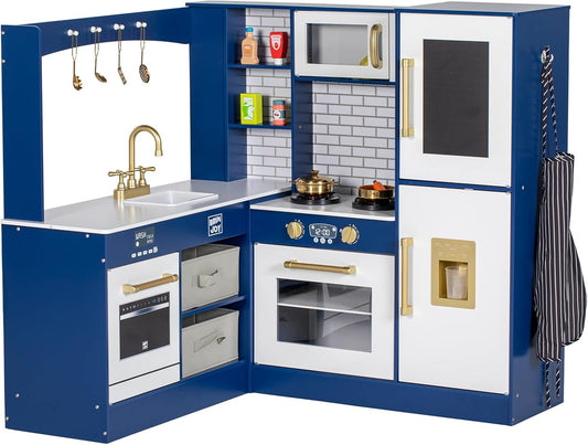 BRINJOY Corner Play Kitchen for Kids, Wooden Toddler Kitchen Playset w\/Faucet, Sink, Microwave, Oven, Apron, Blackboard, Cabinets, Pretend Cooking Toys w\/Sound & Light Gift for Ages 3+ (Blue)