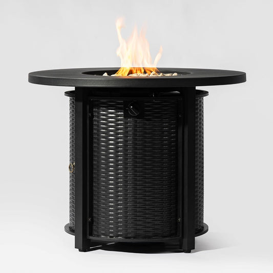 32 Inch Propane Gas Fire Pit Table, 50000 BTU Round Outdoor Steel Fire Table with Volcanic Stones & Electronic Ignition, Patio Gas Firepit Table with Lid for Deck, Garden, Backyard & Courtyard - Black