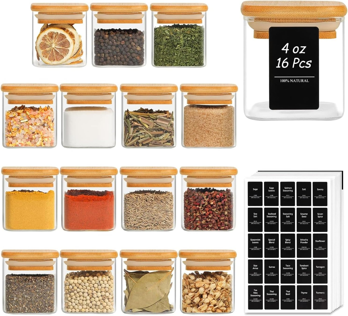 ComSaf 16Pcs Glass Spice Jars with Bamboo Lid, 4oz Airtight Square Spice Containers with 275 Black Lables, Empty Seasoning Jars for Spice Salt Sugar