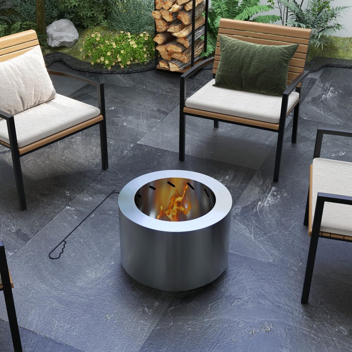 Smokeless Fire Pit, 19" Portable Wood Burning Firepit with Poker, Low Smoke Camping Bonfire Stove for Backyard Patio Picnic, Stainless Steel, Silver