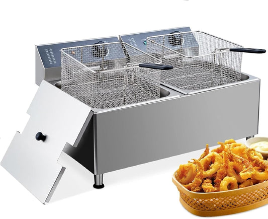 Commercial 3400W Dual 11L\/3.3Gal Deep Fryer - 201 Stainless Steel Countertop System with Oil Filtration & Adjustable Baskets for Food Trucks, Catering Services, Restaurants