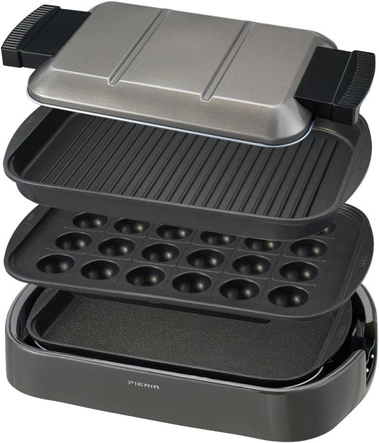 (DOSHISHA) Electric Countertop Griddle Hot Plate, Modern Black Stainless Steel, 1200W, 3 Settings, Includes Brush