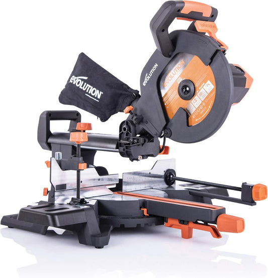 Evolution Power Tools R255SMS+ PLUS 10-Inch Sliding Miter Saw Plus Multi-Material Multi-Purpose Cutting Cuts Metal, Plastic, Wood & More 0˚ - 45˚ Bevel & 50˚ - 50˚ Miter Angles TCT Blade Included