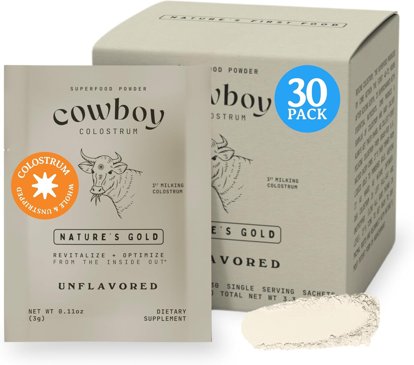 COWBOY COLOSTRUM Powder Travel Packs - Bovine Colostrum Powder - First Day Milking Whole Colostrum - Grass Fed Colostrum Supplement for Gut Health, Immunity, Skin & Hair (Unflavored, 30 Servings)