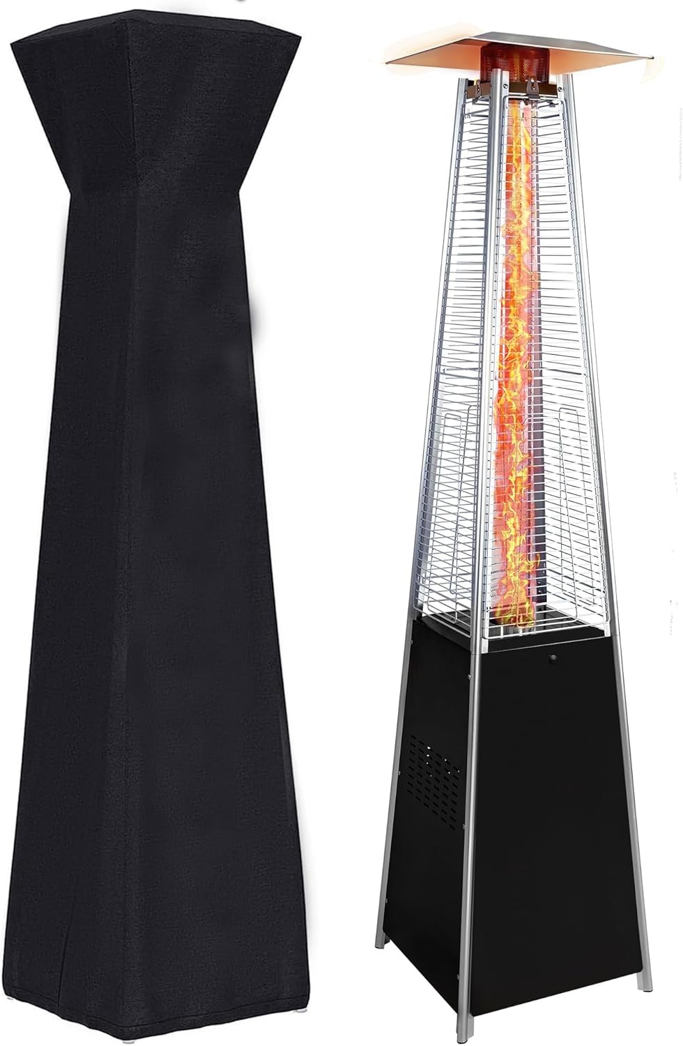 48,000 BTU Pyramid Patio Heater - Glass Tube Propane Outdoor Heater with Detachable Wheels & Weatherproof Cover & Triple Protection System for Home, Patio, Backyard, Garden, Pool, Black