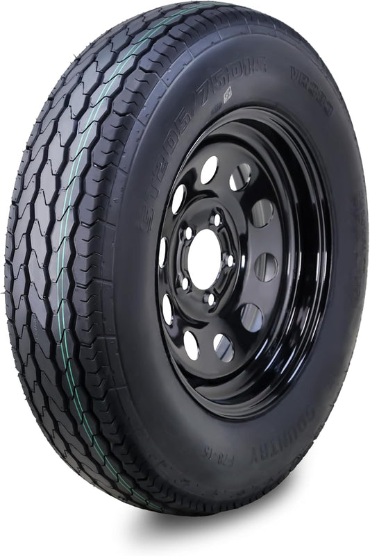Free Country Trailer Tire Wheel Assembly ST205\/75D15 6-Ply C 101L 5 Lug on 4.5" PCD Black Mod Wheel