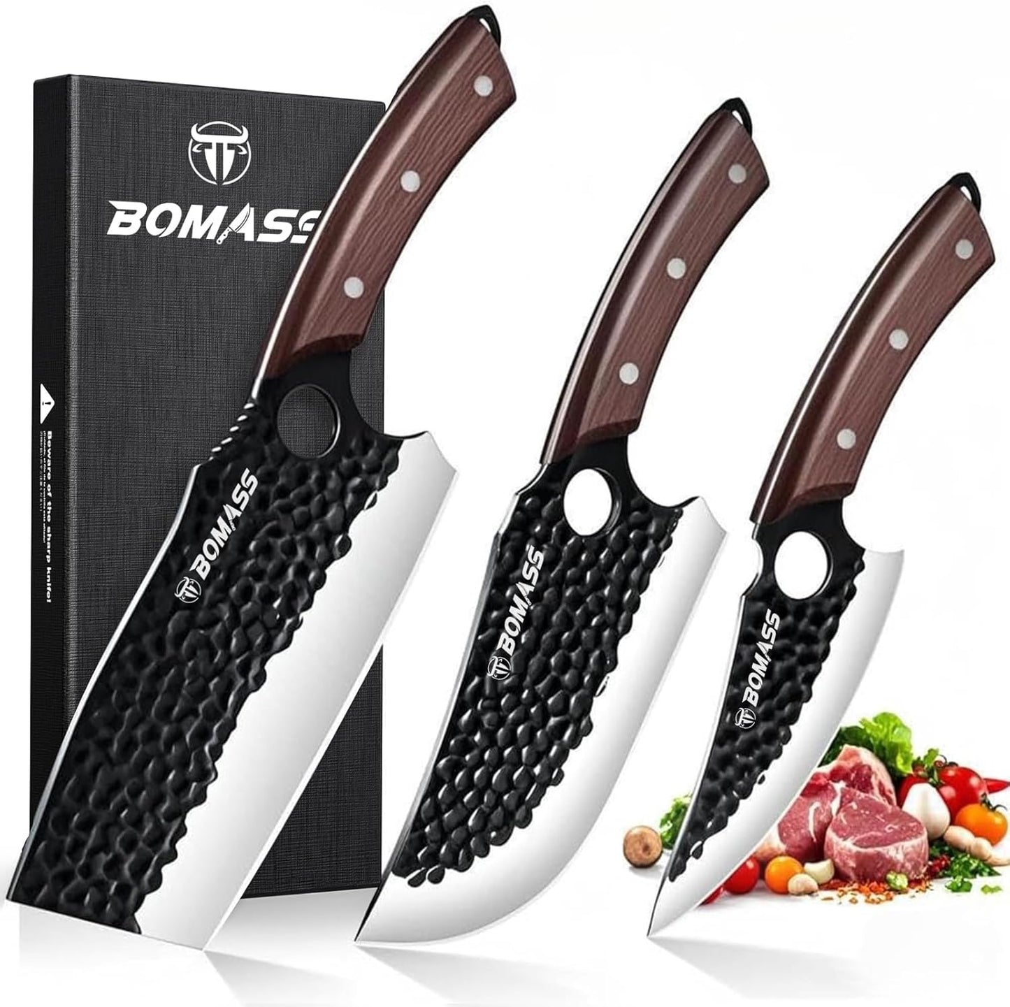 Butcher Knife Meat Cleaver Knife, Hand Forged Japanese Knife Set of 3, High Carbon Kitchen Knife & Serbian Chef Knife & Boning Knife for Meat Cutting, Outdoor Cooking BBQ Camping Gift for Men