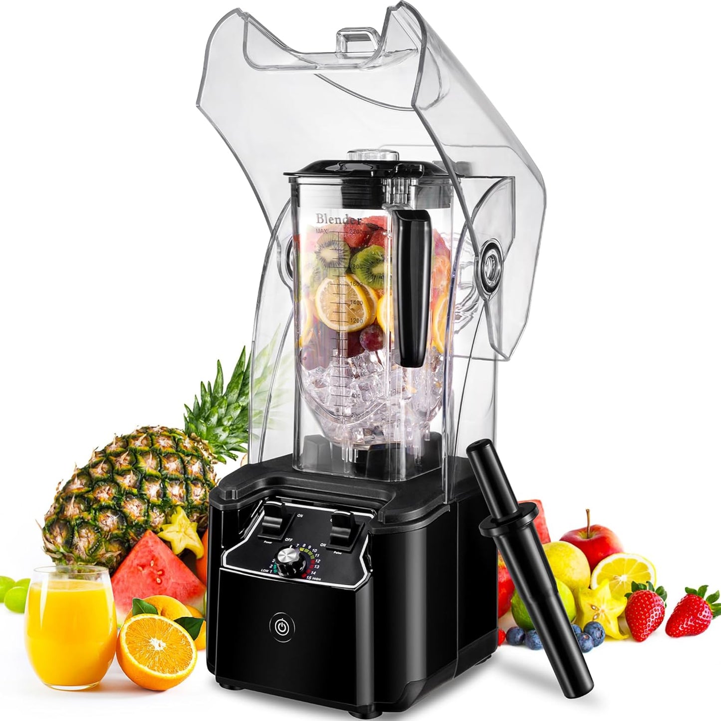 Commercial Blender for Smoothies 2200W With Soundproof Cover, 2200 ML, 15 Speeds, 6-leaves Stainless Steel Blade,Heavy Duty Blender for Restaurant, Smoothie,Ice Crush,Shakes, 9.5"D x 9"W x 19.7"H