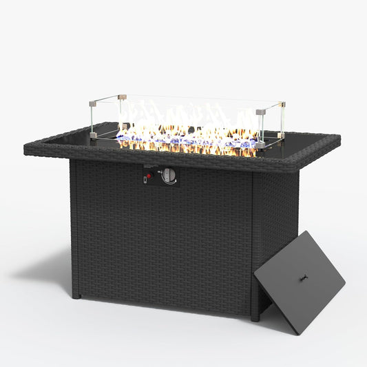 Aeeiua Rectangular Fire Pit Table, 44 inch Propane Gas Fire Pit with Glass Rocks, Wind Guard Glass Shield, Waterproof Cover for Outside Patio Backyard Deck Balcony