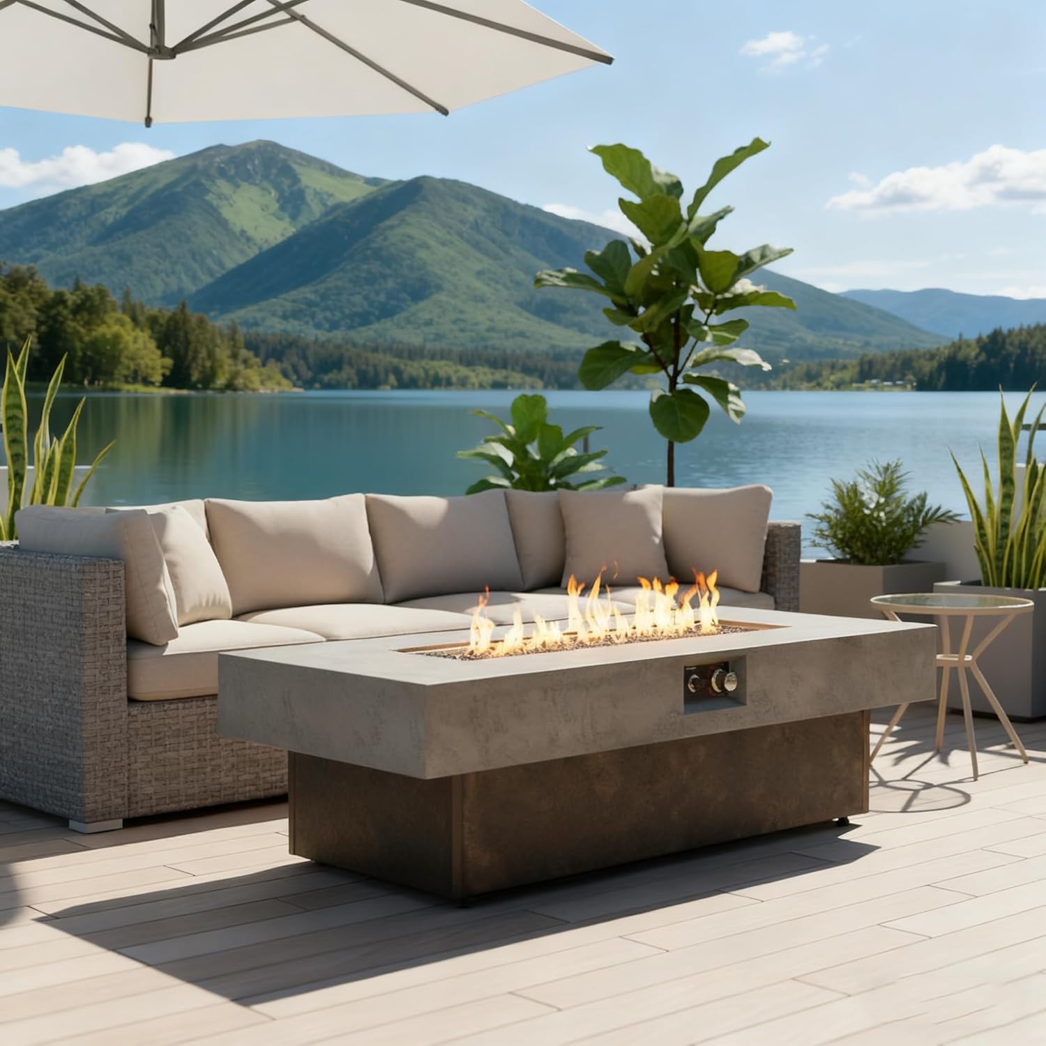 Propane Fire Pit Table, 55" x 23" Outdoor Fire Pit, 50,000 BTU Tabletop Fire Pits for Outside Patio, Balcony, Deck & Garden, Three Height Options, Fire Table with Removable Lid, Rain Cover & Foot Pads