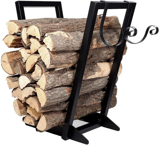 Log Rack Wood Storage Holder with Hooks, Metal Indoor Outdoor Firewood Rack Stand Small, for Farmhouse Deck Camper Fire Pits, Easy Assemble