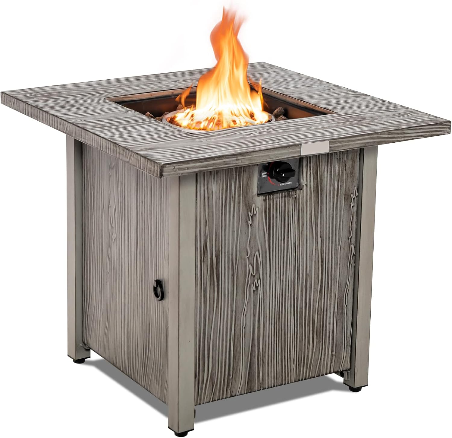 HAPPYGRILL 28\u201D Propane Fire Pit Table, 40,000 BTU Outdoor Propane Gas Fire Table with Wood-Like Tabletop, Lid and Lava Rocks, Square Auto-Ignition Propane Firepit with PVC Cover