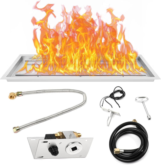 Dollate 48 inch Rectangular Drop-in Fire Pit Pan Kit, Stainless Steel H-Shape Burner with Pan, Spark Ignition Kit and Propane Hose Kit, Suitable for Indoor Outdoor Decoration