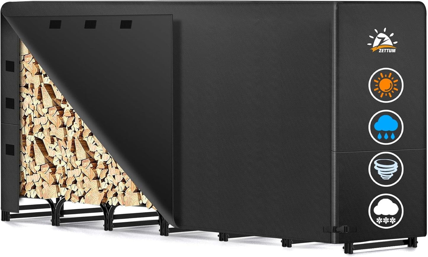 Zettum 8ft Firewood Log Rack - Outdoor Wood Stand Holder, Heavy Duty Metal Fire Wood Pile Organizer with Cover for Fireplace Storage (96 x 14 x 48 Inch)