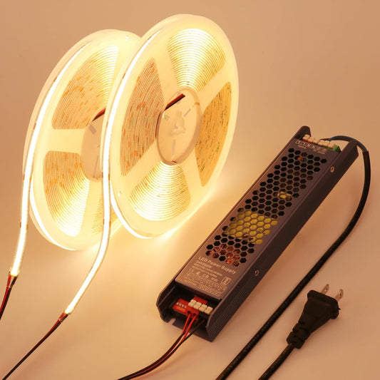 BENLUN 24V COB LED Strip Light 65.6ft (2 Rolls of 32.8ft) Kit, 3000K Warm White Cuttable 11W\/M 312LEDs\/M CRI 93 LED Tape Lights with Power Supply for Bedroom Kitchen Living Room Ceiling