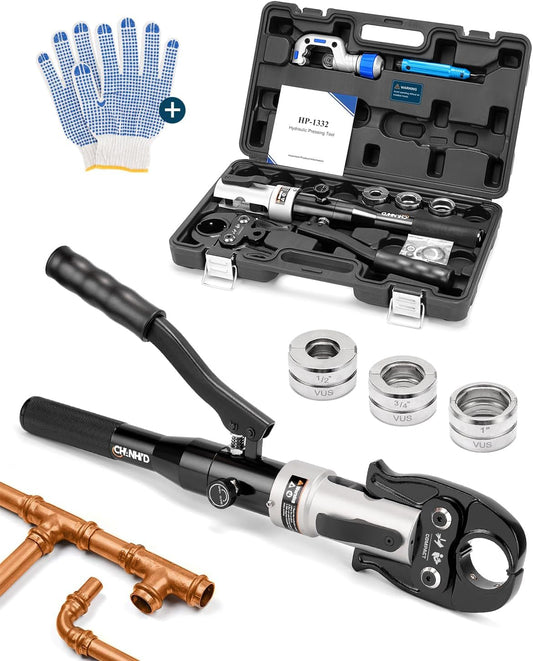 CHANHYD Hydraulic Copper Tube Fittings 1\/2, 3\/4, 1" Press Crimping Tool Kit Pex Pipe Crimper Pressing Pliers Stainless PEX Press Sleeves for Narrow Space Tee Copper Pipe