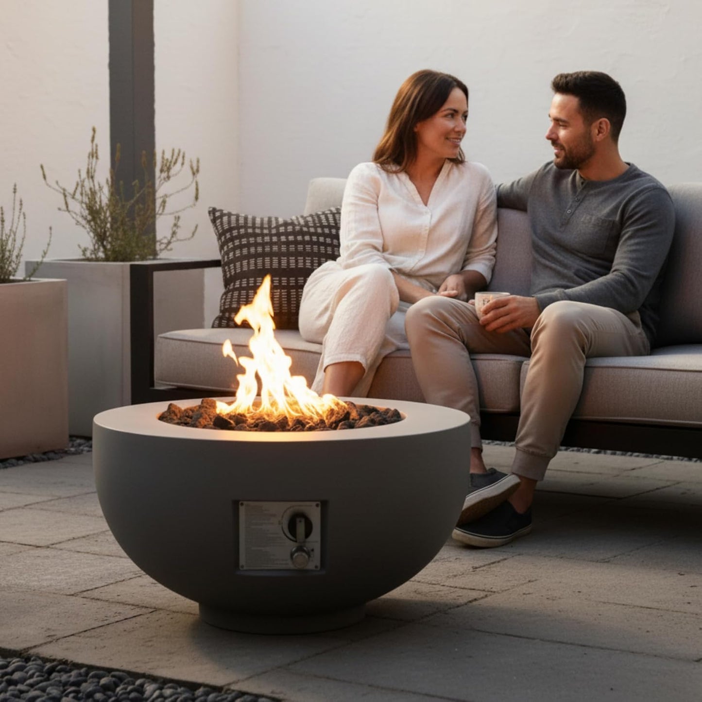 Outdoor Round Propane Fire Pit Table 28-inch,40,000 BTU Fire Pit Bowl,Light Concrete Propane Fire Pit with Free Lava Rocks,Rain Cover and Burner Lid,for Outside Patio,Garden,Deck,Light Grey