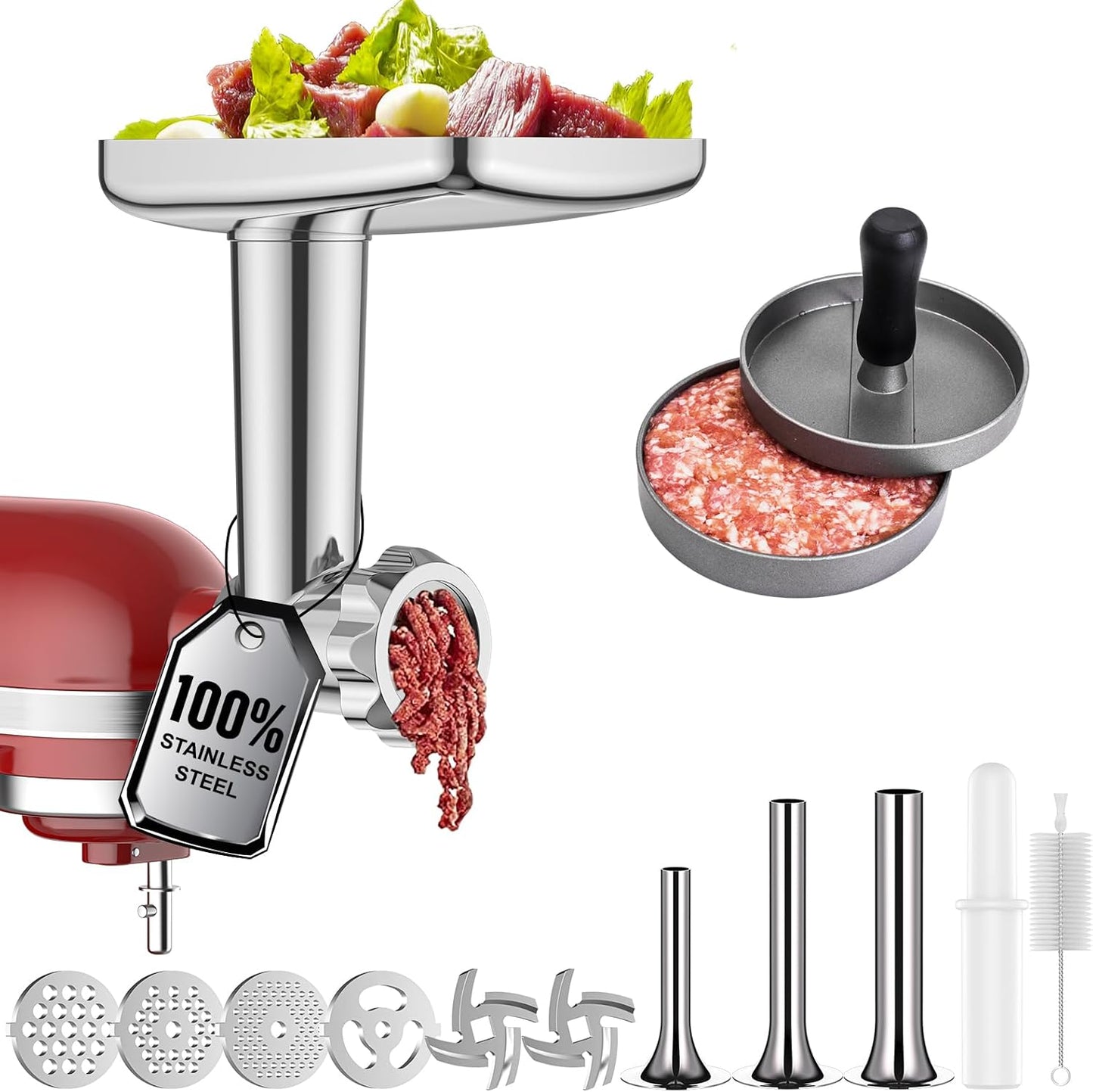 Stainless Steel Meat Grinder for KitchenAid Mixer, Meat Grinders, Sausage Stuffer, Burger Press, For Kitchen Aid Meat Grinder Attachment for Kitchenaid Stand Mixer, Dishwasher Safe