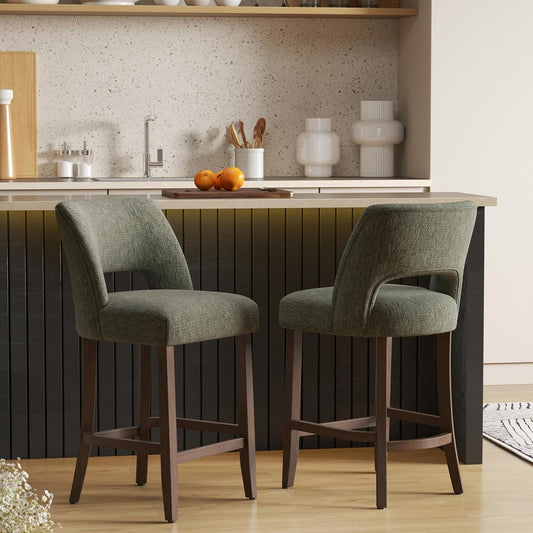 VKNOW Bar Stools Set of 2, Upholstered Counter Height Bar Stools, Modern Counter Stools with Wood Legs for Kitchen Island Dining Room Bar, Green