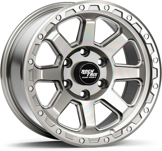 RockTrix RT116 17 inch Wheel Compatible with 2001+ Toyota Tacoma 6x5.5" (6x139.7) Bolt Pattern, 17x9 (-12mm Offset), 106.1mm Bore, Silver Polished, Also fits 2002+ 4Runner, FJ Cruiser, 99-06 Tundra