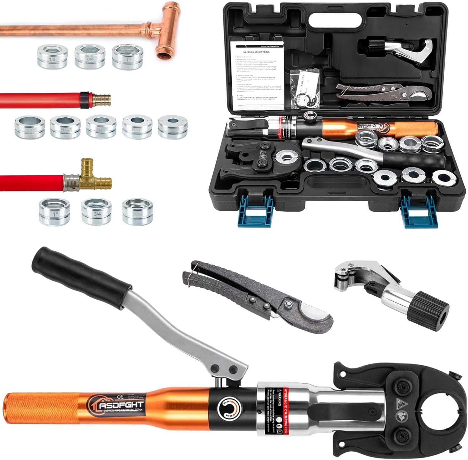 Copper Pipe Crimping Tool - with 1", 3\/4", 1\/2" Dies for F877 stainless PEX Press Sleeves & Copper Pipe + 1", 3\/4",5\/8", 1\/2", 3\/8" Dies for ASTM F1807 Pex Pipe Copper Ring