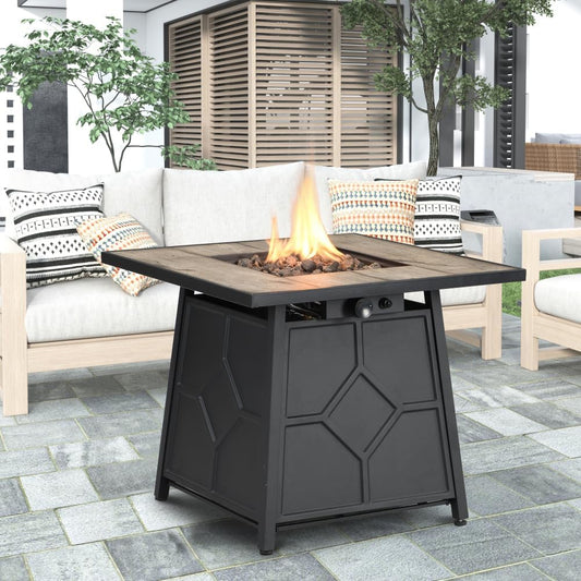 Outdoor Propane Fire Pit Table with Lava Rocks 40,000 BTU Auto-Ignition Square Patio Heater with Waterproof Cover for Backyard Garden (Grey + MDF+Iron)