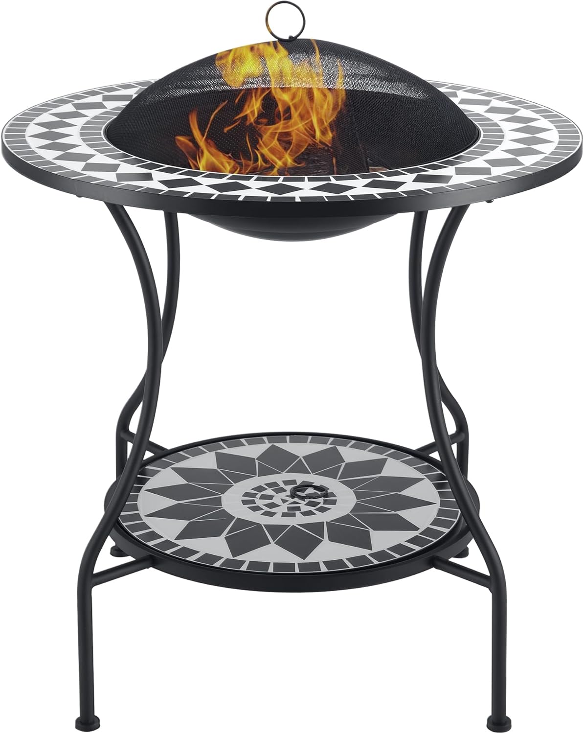 Outsunny 30" Outdoor Fire Pit Dining Table, 3-in-1 Round Wood Burning Fire Pit Bowl, Patio Ice Bucket with Storage Shelf, Spark Screen Cover for BBQ, Bonfire, Camping, Mosaic
