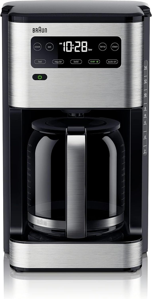 Braun PureFlavor 14\u2011Cup Programmable Coffee Maker \u2013 Fast Brew Speed, Touch Display, Bold & Brew\u2011Over\u2011Ice Modes, FlavorCarafe & Adjustable Warm Plate